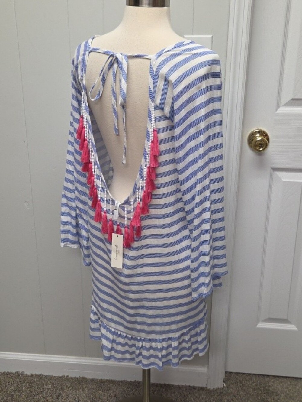 Francesca's Swim size M cover up white blue striped pink tassle flounce low back